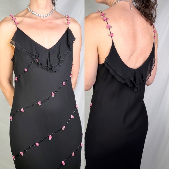 ICE Rosette Floral Slip Dress Beaded Ruffle Asymmetric Hem Cocktail Formal M - Picture 13 of 14